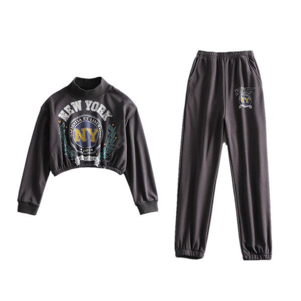 

za family leisure suit sports loose print pullover round collar grey sweater high waist corset casual pants for women, Gray