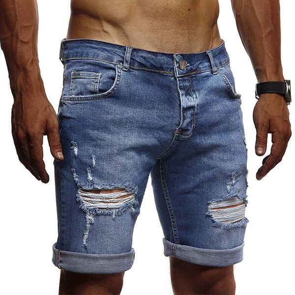 

20 summer new european men's fashion hole blue denim shorts d211