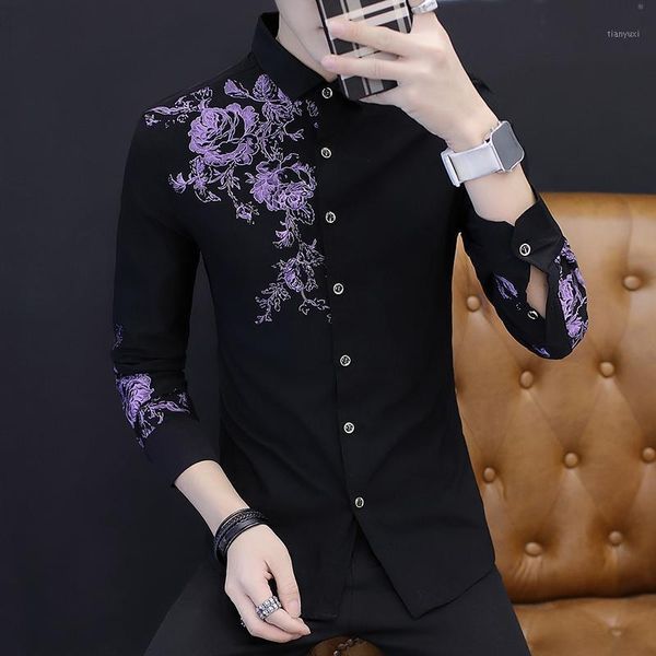 

young mens flower shirts black slim fit business casual shirt man size 3xl wedding banquet men dress shirts long sleeve1, White;black