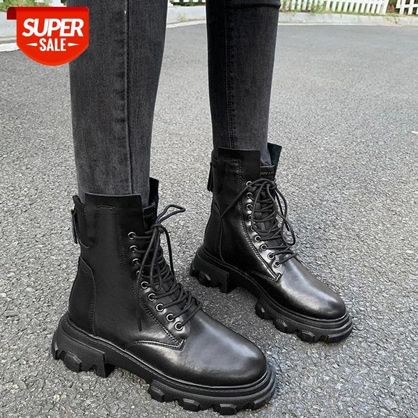 

lucyever 2020 casual lace up pu leather boots women waterproof thick bottom platform ankle boots ladies black motorcycle shoes #py4n