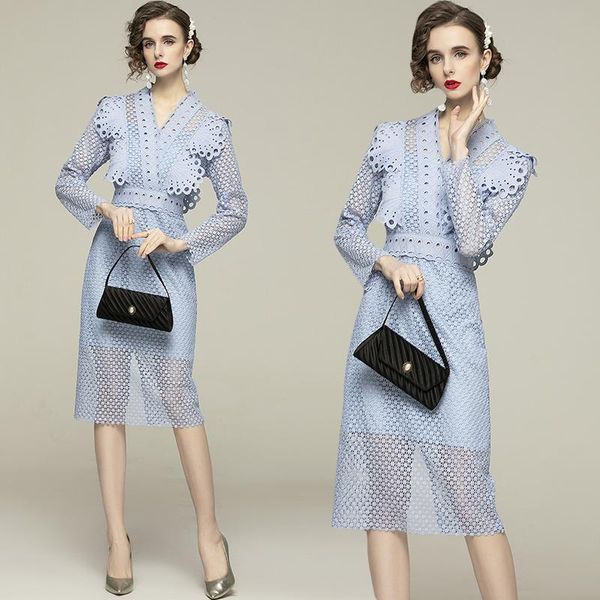 

simgent high end dress women 2021 long sleeve ruffles v-neck midi elegant party hollow out lace dress vestidos sg012142, Black;gray