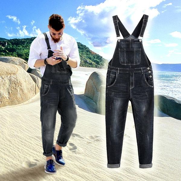 

men's jeans 2021 casual pocket black denim long horn overalls, Blue