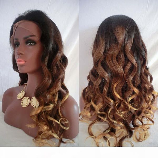 

super wavy full lace human hair wigs for black women brazilian hair three tone #1b 4 27 ombre color lace front wig, Black;brown