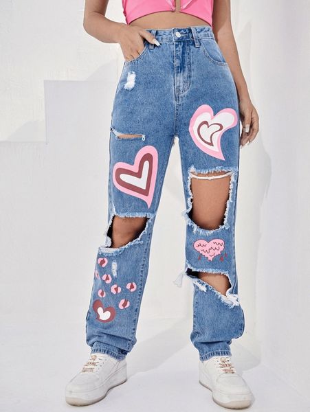

high waist heart print cut-out jeans 71xg#, Blue