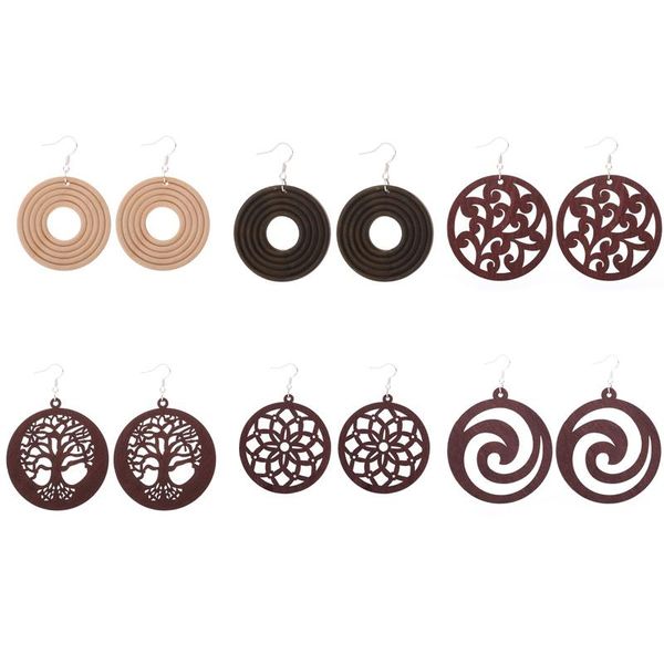 

6 пар хорошее качество дерева серьги органические коричневые полые африканские женщины деревянные бркос, Silver