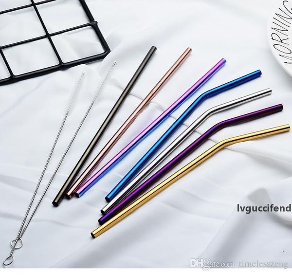 

304 stainless steel bent & straight 6*215mm reusable straws colorful metal straw for party wedding bar drinking tools