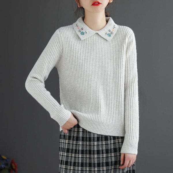 

good quality women sweaters turn down collar embroidery vintage winter pullovers, White;black