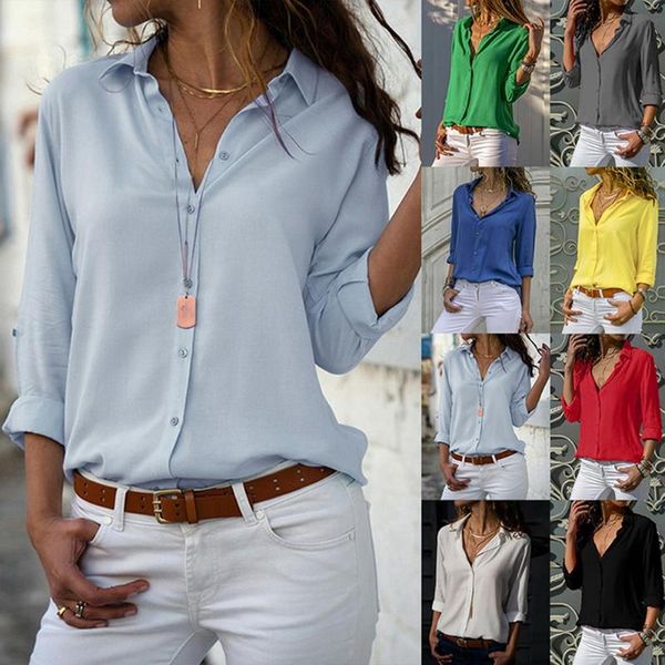 

2021 spring new women blouses elegant long sleeve solid v-neck chiffon blouse female work wear shirts plus size, White