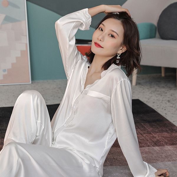 

2021 new female pyjamas spring and autumn cardigan sleeve royal style silk thin ice simple white ribbon house clothes together wrqu, Black;red