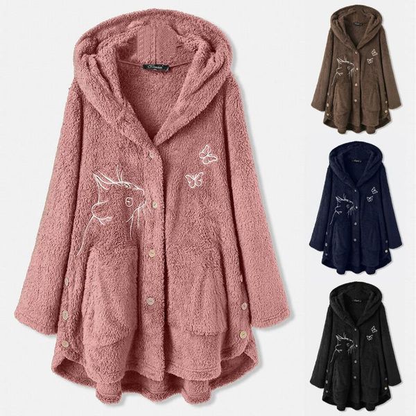 

plus size fashion embroidery cats warm coat casual ladies plush buttons jacket coat streetwear female winter womens outerwear1, Black;brown