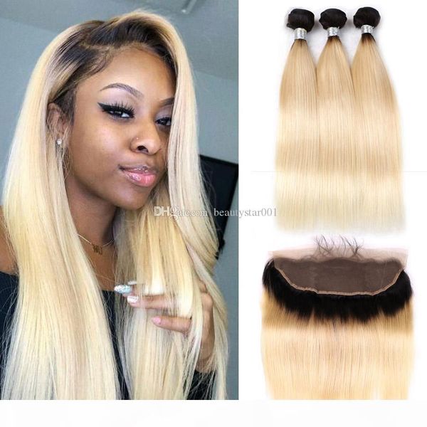 

13x4 кружево фронтального закрытие с связкой, 1в 613 blonde ombre цвет remy человеческих волос бразильского weave 3 связки прямой волной тел, Black;brown