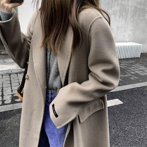 

women's wool & blends booking 2021 autumn/winter suit collar double-sided cashmere coat in female straight long contracted cloth dress, Black