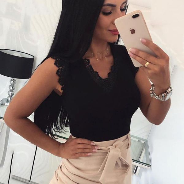 

women deep v-neck lace patchwork lace up t-shirts sleeveless backless bodycon summer female casual slim t-shirts1, White
