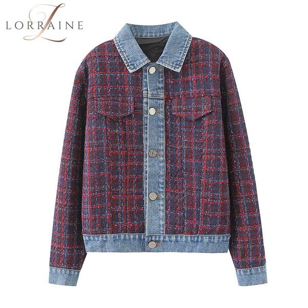 

ladies jacket stitching knitted denim jacket ladies fashion long-sleeved single-breasted woven stitching denim, Black;brown