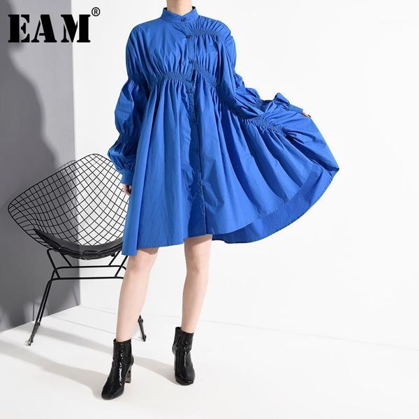 

eam] women blue pleated big size shirt dress new stand collar long sleeve loose fit fashion tide spring autumn 2020 1k937051, Black;gray