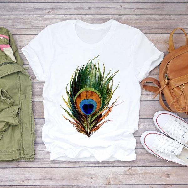 

women feather beautiful fashion 90s camisas mujer clothes lady t-shirts womens t shirt ladies graphic female tee t-shirt, White