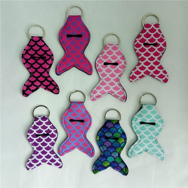 

factory printed lipstick neoprene girl mermaid keychains tail chapstick cover sleeve ring multi colors key chain party favors