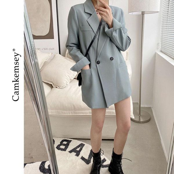 

autumn solid elegant blue blazer women jacket women's korean style loose v-neck long sleeve cardigans1, White;black