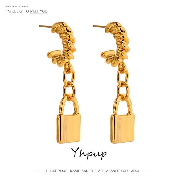 

yhpup new design metal lock dangle earrings fashion zinc alloy 18 k plated geometric texture earrings orecchini donna gift 2020, Silver
