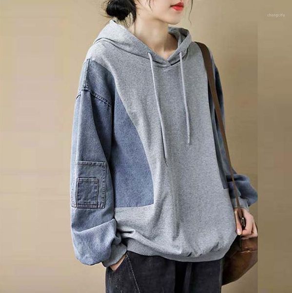 

superaen loose full draw rope spring new collision color splice denim all match casual coat hoodies women1, Black