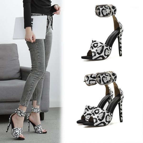 

2021 fashion ankle buckle sandals women shoes peep toe high heels sandals summer zebra pattern party pumps size 35-411, Black