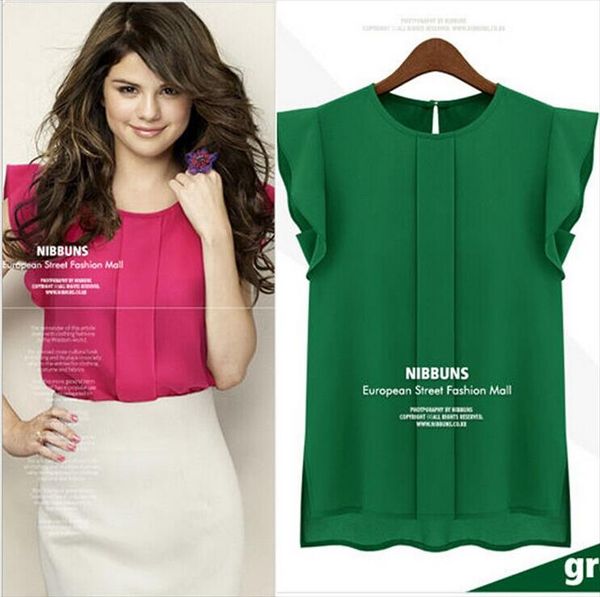 

european and american summer dress round neck flying sleeves chiffon shirt shirt drop shipping good quality, White