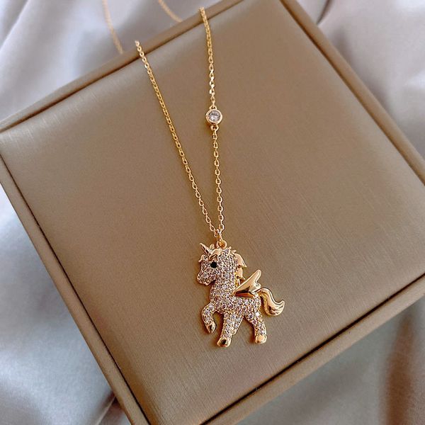 

korean personality simple rhinestones unicorn pendant necklace temperament sweet girl women fashion jewelry accessories, Silver