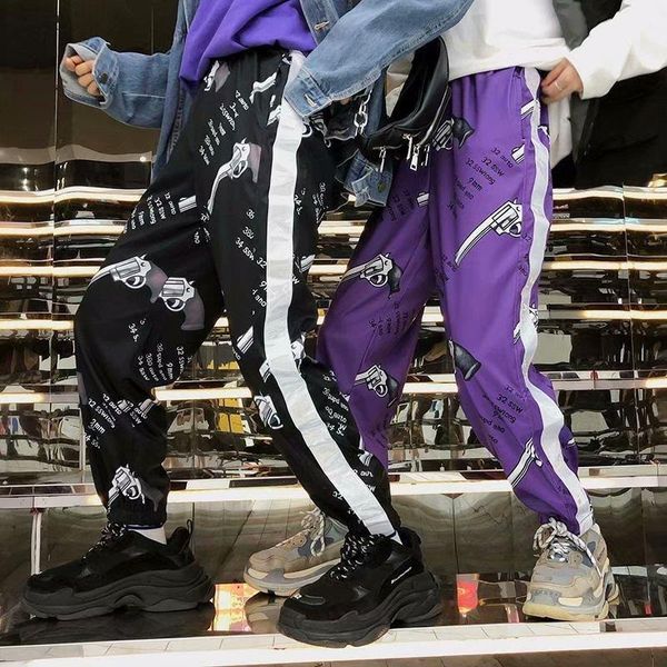 

korean pants men hip hop pants pencil graphic print men pants casual fitness joggers men fashion punk sweatpants male, Black