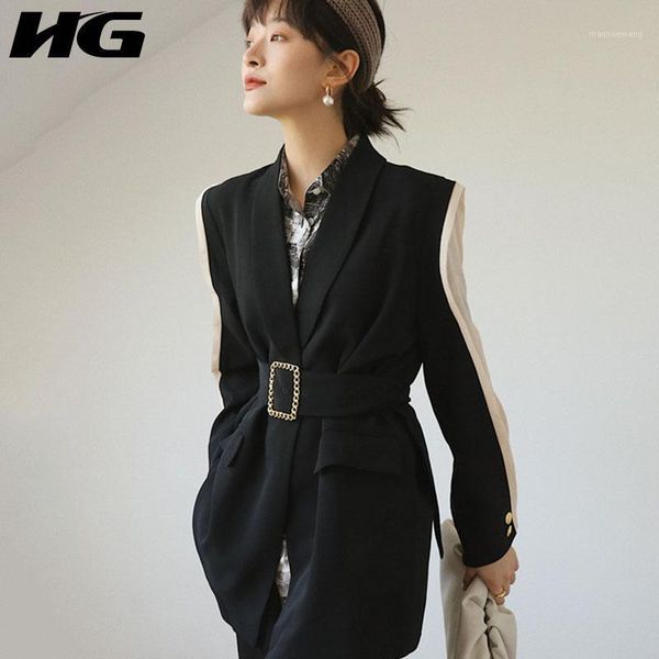 

hg black splice suit women autumn new coat waist belt slim was thin elegant women fashion clothes 2019 coats zyq17091, White;black