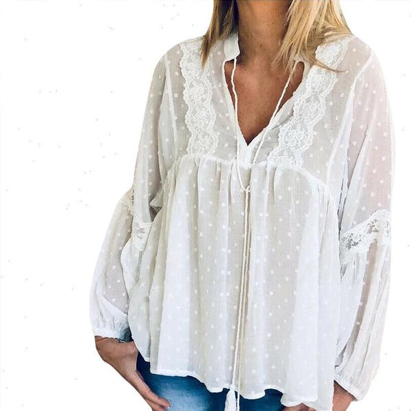 

2021 lace patchwork chiffon loose blouse women fashion new boho long sleeve v neck shirt female polka dot ruffles blusas b, White