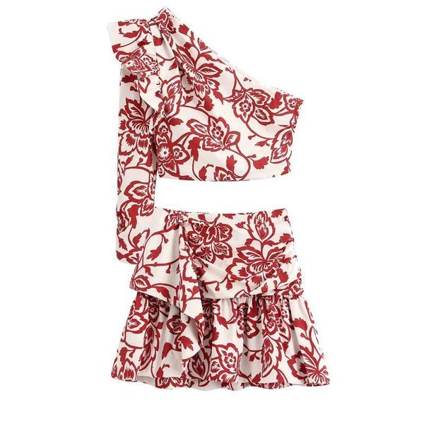 

2020 new women summer suits two piece set red printed poplin asymmetric neckline one sleeve ruffle trims amp;mini skirts, Gray
