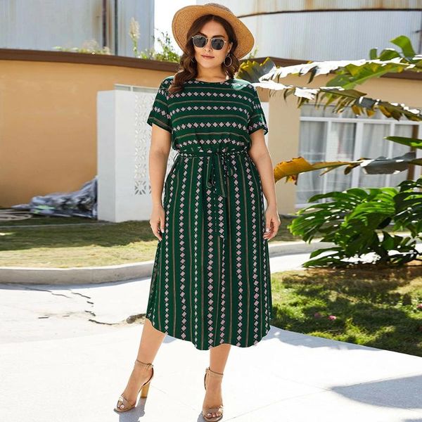 

dresses for women casual o neck short sleeve geometric print vintage dress plus size green ladies tunic maxi dresses, Black;gray