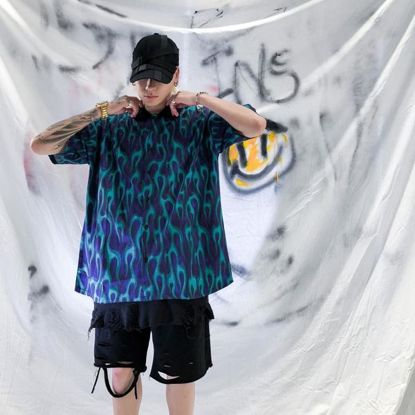 

dark icon blue flame hawaiian shirt street fashion men's shirt oversized shirts for men drop shipping, White;black