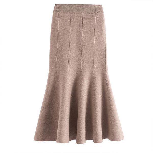 

new 2021 women high solid color knitted skirts autumn elegant streetwear medium femme skirt y318 dprm 7a1f, Black