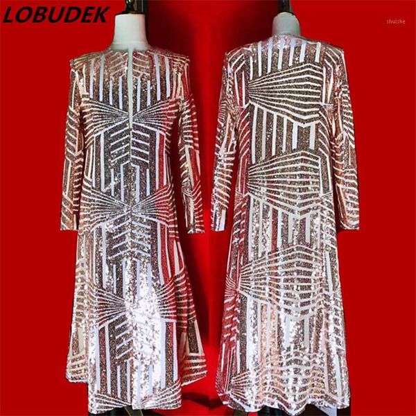 

new champagne gold reflective sequins long coat bar nightclub concert male singer stage overcoat customized plus size outerwear1, Black