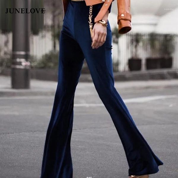 

junelove 2019 fashion velvet pants women autumn winter slim flare pants high waist trousers high street style bottoms1, Black;white