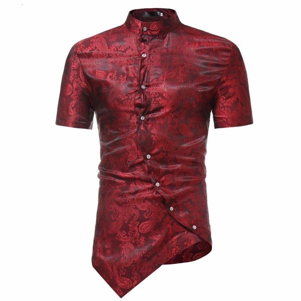

personality oblique button dress shirts mens 2020 brand paisley short sleeve shirt men golden foil printed shirt chemise homme, White;black