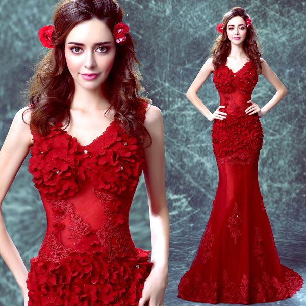 

new red mermaid prom dresses handmade flowers appliques lace see through evening gowns sweep train pageant dress special occasion dress, Black