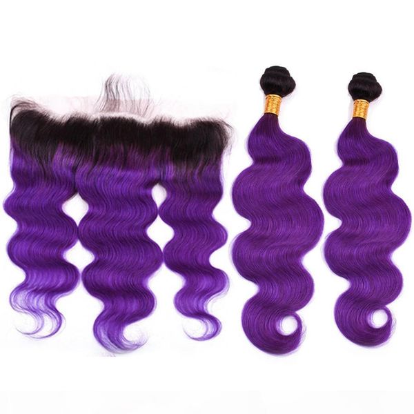 

malaysian wavy human hair ombre purple weave wefts with frontal #1b purple ombre body wave virgin hair 2bundles with full lace frontal 13x4, Black;brown