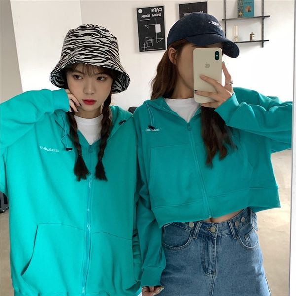 

yingtian chuandao new autumn / winter salt lake blue lazy wind loose cardigan hooded sweater