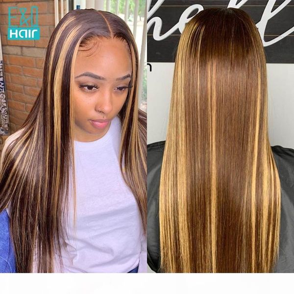 

lace front human hair wigs for women brazilian remy straight highlight honey blonde brown middle part lace closure wig 150%, Black;brown