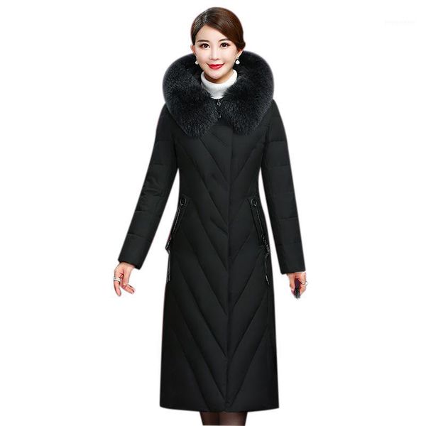 

2019 winter down parka coat women big fur collar hooded down jacket coat female long warm white duck overcoat plus size 5xl1, Black