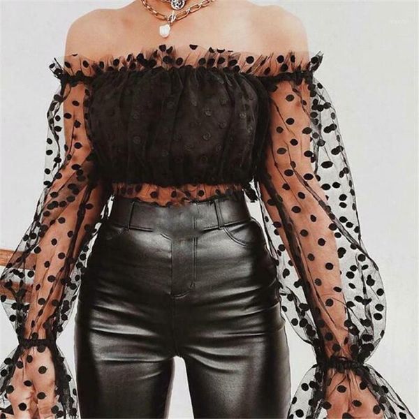 

women ladies lace see-through blouse summer black blouse polka dot puff long sleeve short shirt shirt female blusas1, White