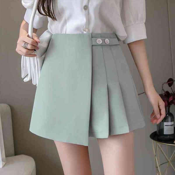

spring summer green shorts female pleated short skirt women irregular slit wide leg shorts ladies casual short trousers, White;black