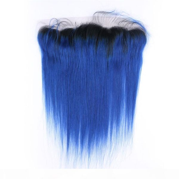 

#1b blue ombre brazilian virgin human hair bundle deals with frontal straight ombre dark blue full lace frontal 13x4 with weave bundles, Black;brown