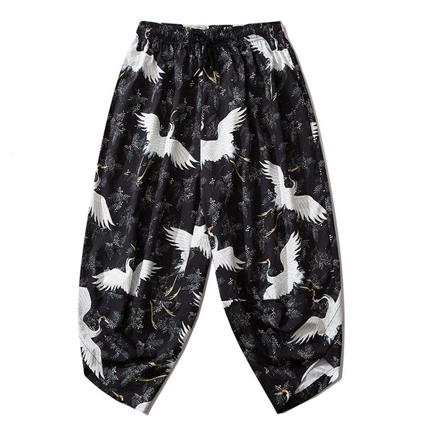 

2021 new japanese thin harajuku joggers men trousers hip hop streetwear japan style crane print baggy calf-length pants autumn sulq, Black;white