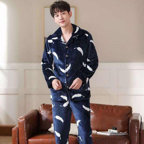 

men's flannel pajamas sets autumn and winter male warm thicken pyjamas long sleeve printed sleepwear men lounge pijama homewear lj20111, Black;brown