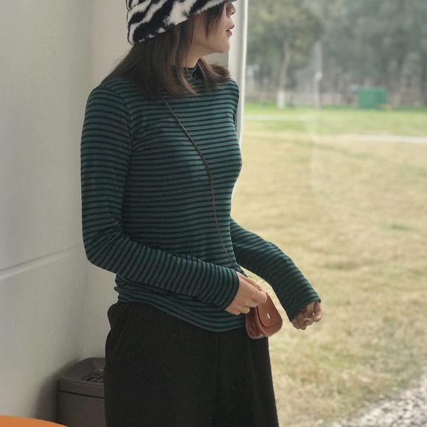 

new 2021 spring turtleneck striped shirts long sleeve t shirt women clothes slim fashion lado, White
