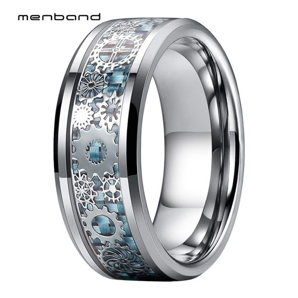 

unique 8mm tungsten carbide rings wedding band steampunk gear wheel blue carbon fiber inlay fashion jewelry comfort fit 201218, Silver