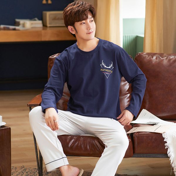 

caiyier new 100% cotton pajamas set for men thick round neck sleepwear set casual long sleeve trousers winter men loung wear 3xl q1216, Black;white
